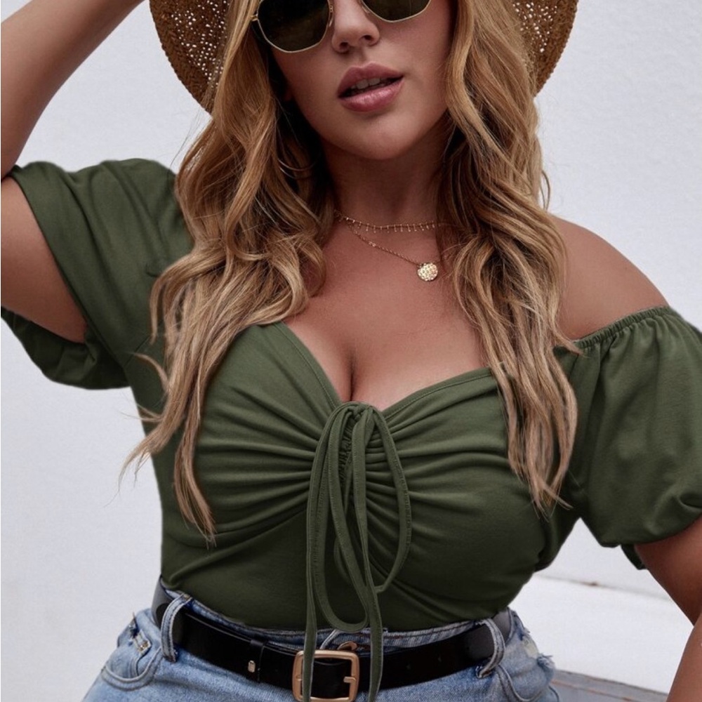 SHEIN Olive Green Ruched Off-Shoulder Blouse